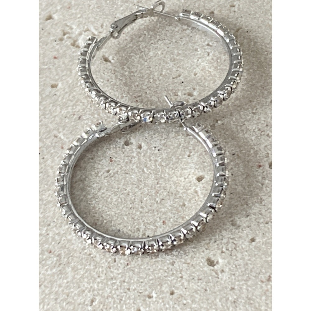 Silver Tone Clear Rhinestone Hoop Earrings Sparkly Prong Set Large Bling